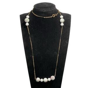 Hand Painted Milk Glass Beaded Necklace Gold Tone Chain 26"